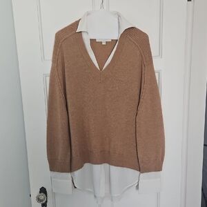Brochu Walker V-Neck Layered Sweater in Camel and White